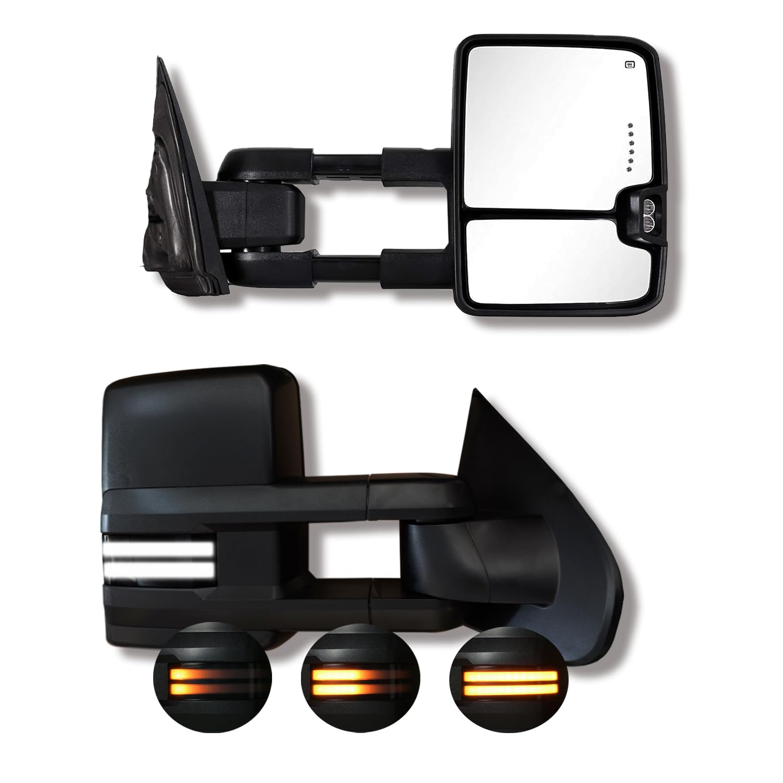 Towing Mirrors for 2014-2018 Chevy Silverado & GMC Sierra 1500 - Power Glass, Switchback Light,Backup Light,Headed, Running Light,Black Housing (Pair)