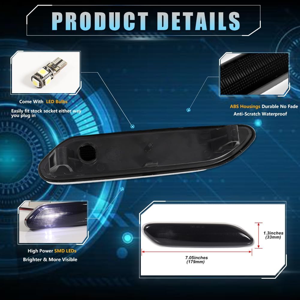 Smoked Lens LED Side Marker Light Housing for 2011-2016 Mini R60 R61, R60 R61 Side Bumper Marker Lights Covers with T10 Led Light Bulbs, LED Turn Signal Lamps Covers, 2 PCS