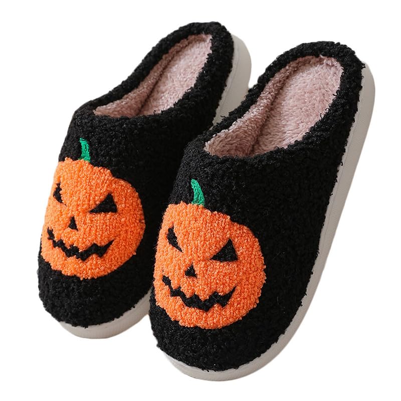 JadeRich Unisex Halloween House Slippers Jack O Lantern Pumpkin Slippers Halloween Plush Indoor Shoes for Women Men