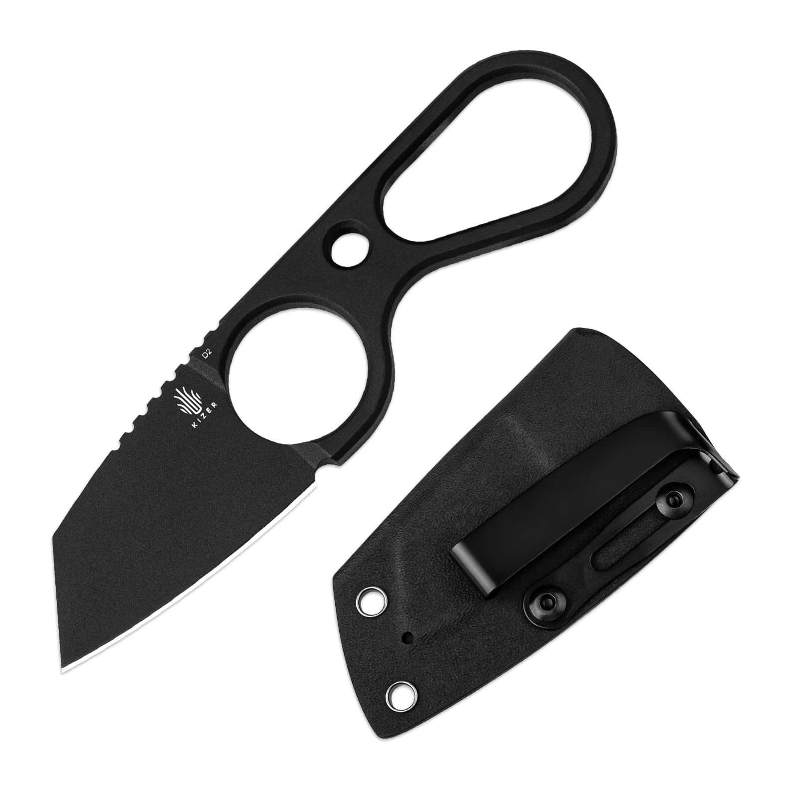 Kizer Bowtie Small Fixed Blade Knife, D2 Steel EDC Hunting Pocket Knife, 5.83 Inches Horizontal Carry Black Neck Knives, Survival Camping Knives with Sheath, 1061A2