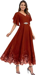 Navy Blue Chiffon Formal Dress V Neck Flutter Sleeve Lace Embellished Tea Length Mother of Bride Dress for Women 2026