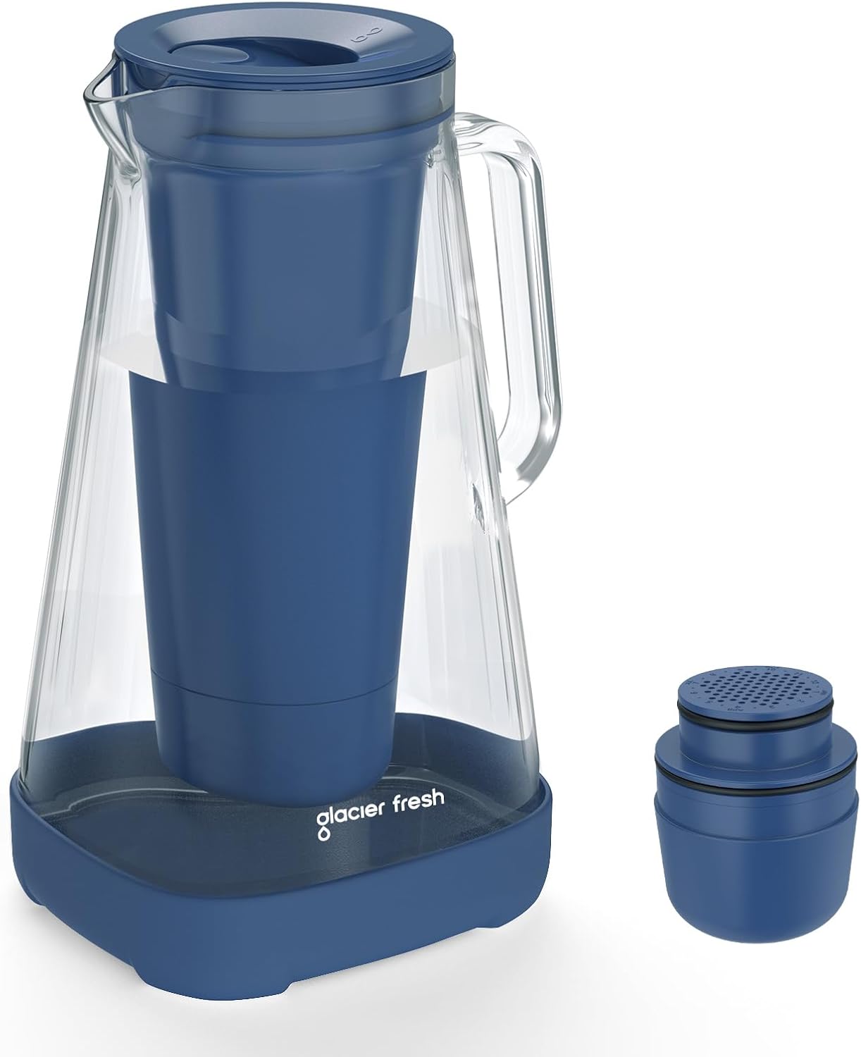 GLACIER FRESH 10 Cup Glass Water Pitcher with 1 Filter of 3X Flow Rate, Purela Glass Pitcher with 5-Stage Filtration Technology, Reduces 99% Chlorine and Improve Taste, Bpa Free, Blue Carbon Pitcher 10 Cup Blue