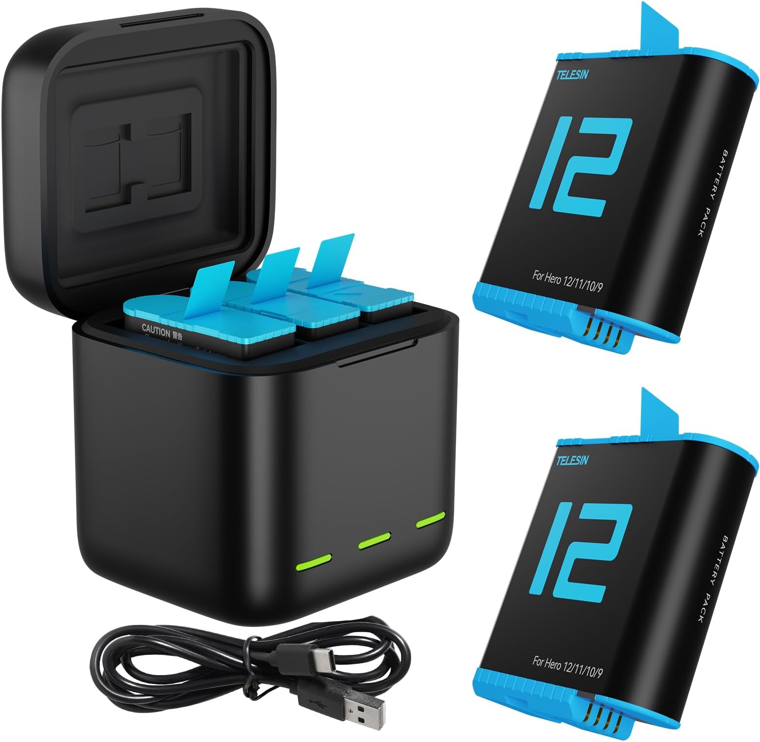2 Batteries + Triple-Slot Charger for GoPro Hero 12/11/10/9 | Compact USB-C charging case | Charge and store batteries together | Ideal for travel and longer shooting days