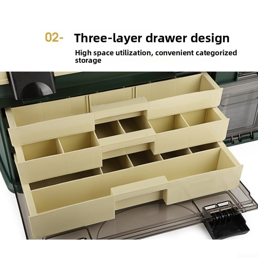 Grande Scatola per Attrezzatura da Pesca con cassetti a 3 Strati, 53 x 28 x 30 cm, Organizer per Esche per Pesca in Mare, Slot fissi Profondi e Chiusure di bloccaggio rinforzate, Verde