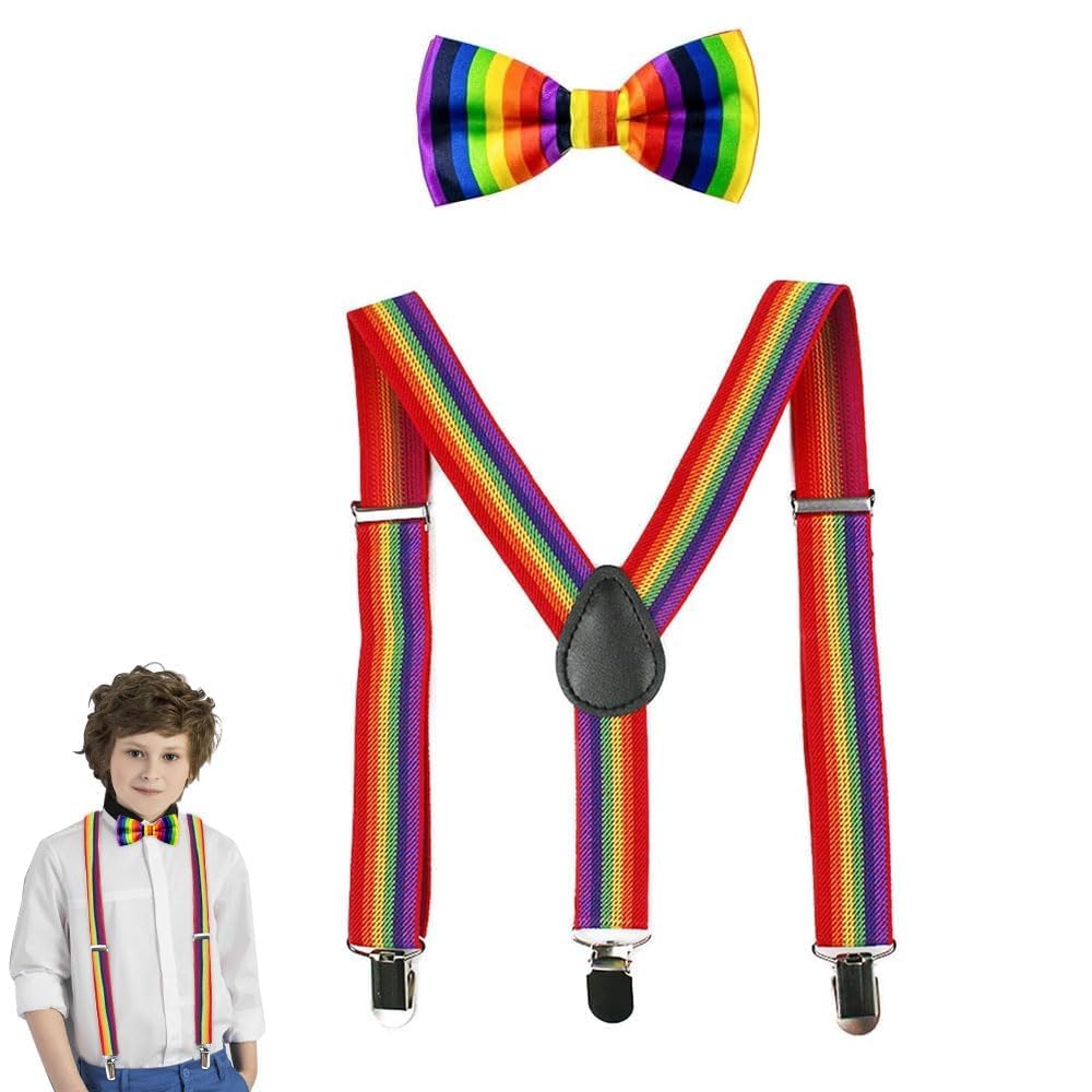 Juego de arco iris, 2 tirantes en forma de Y y lazos con clips de metal, lazos ajustables y calentadores de brazos para fiestas para niños y niñas, coloreado, 65