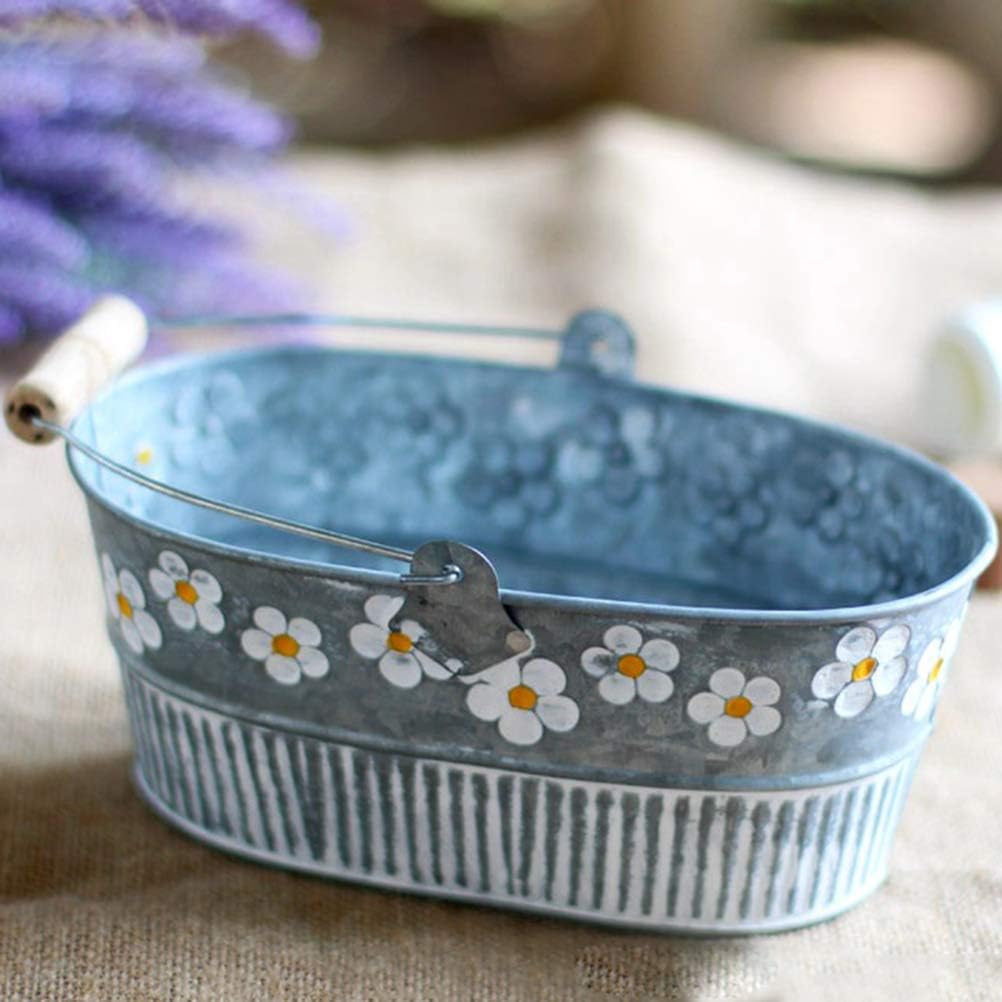 Yardwe Vintage Embossed Metal Bucket Planter with Daisy Pattern Small Oval Galvanized Tin Bucket for Indoor Outdoor Garden Decor 7.5X6.3X3.1 Inch