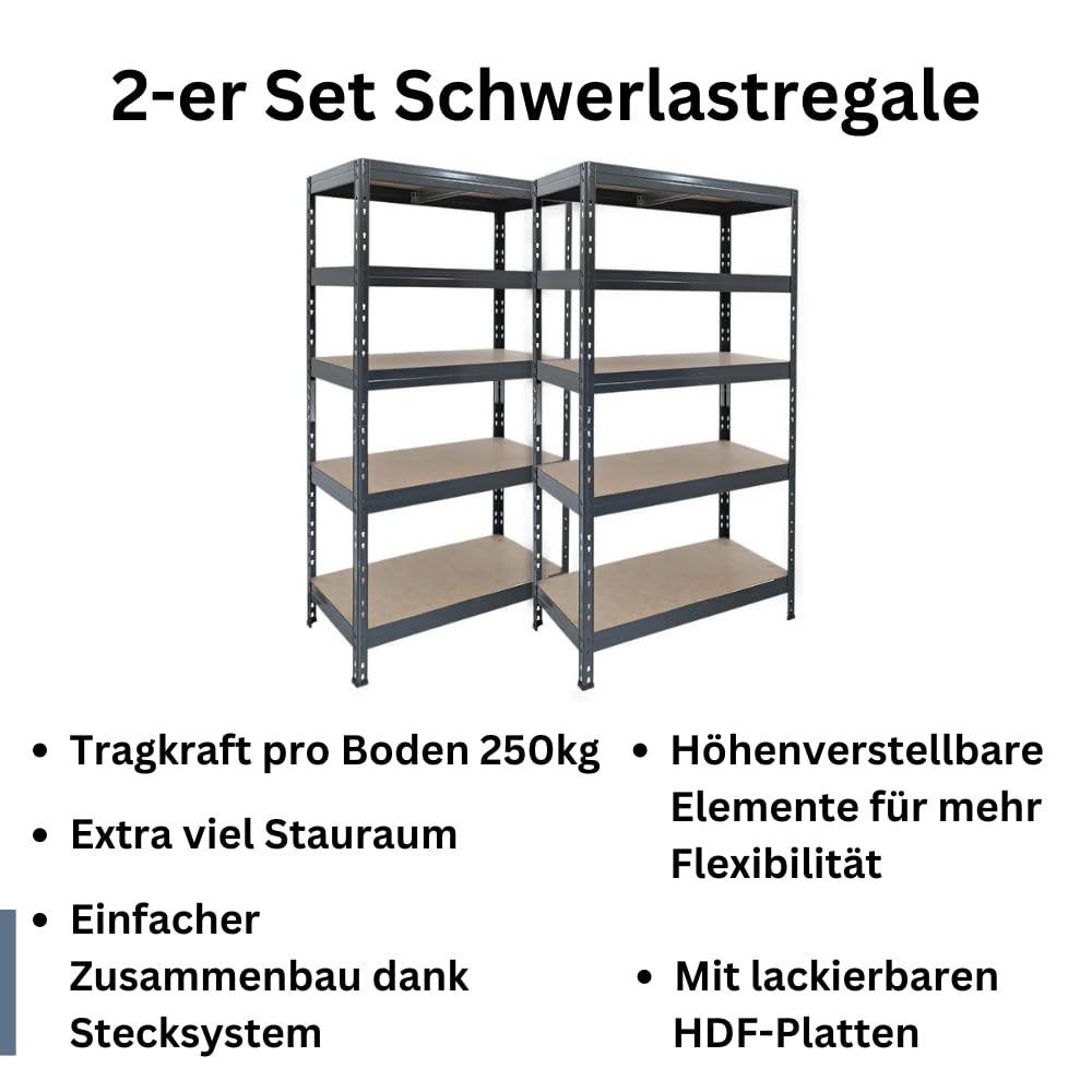 Zestaw 2 regałów do dużych obciążeń Rivet z płytą HDF 180 x 90 x 45 cm (wys. x szer. x gł.), 5 półek, 250 kg na półkę, szary antracytowy