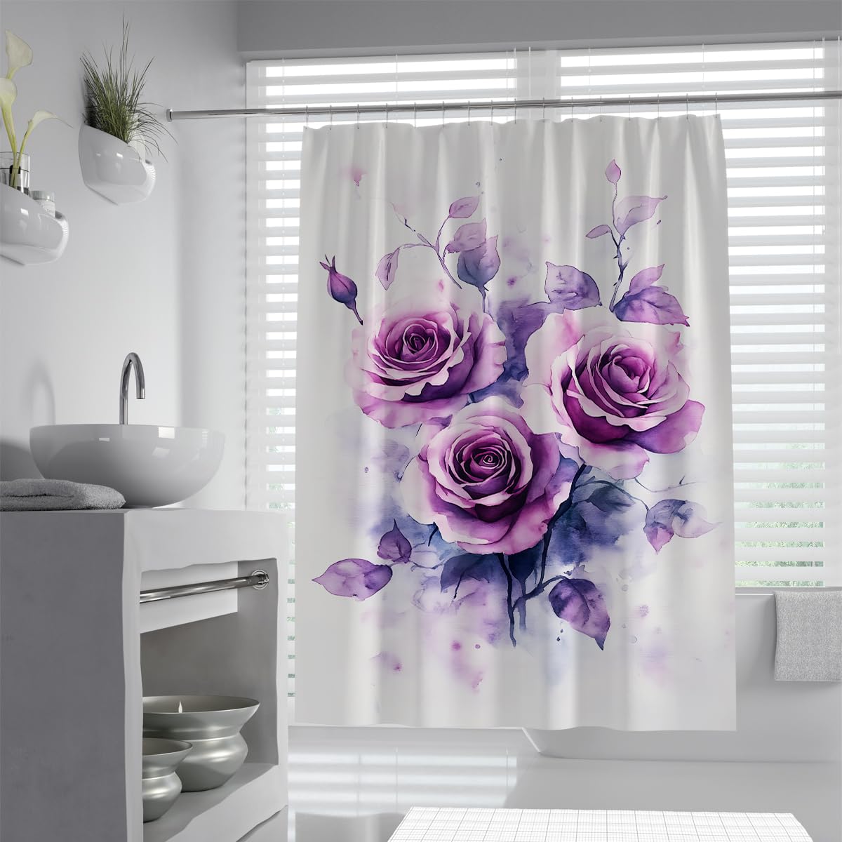 UERWOWELL Purple Roses Shower Curtain Waterproof Polyester Fabric Washable Bath Curtains Watercolor Floral Pattern Bathtub Curtains Modern Bathroom Decoration W180xL220 cm