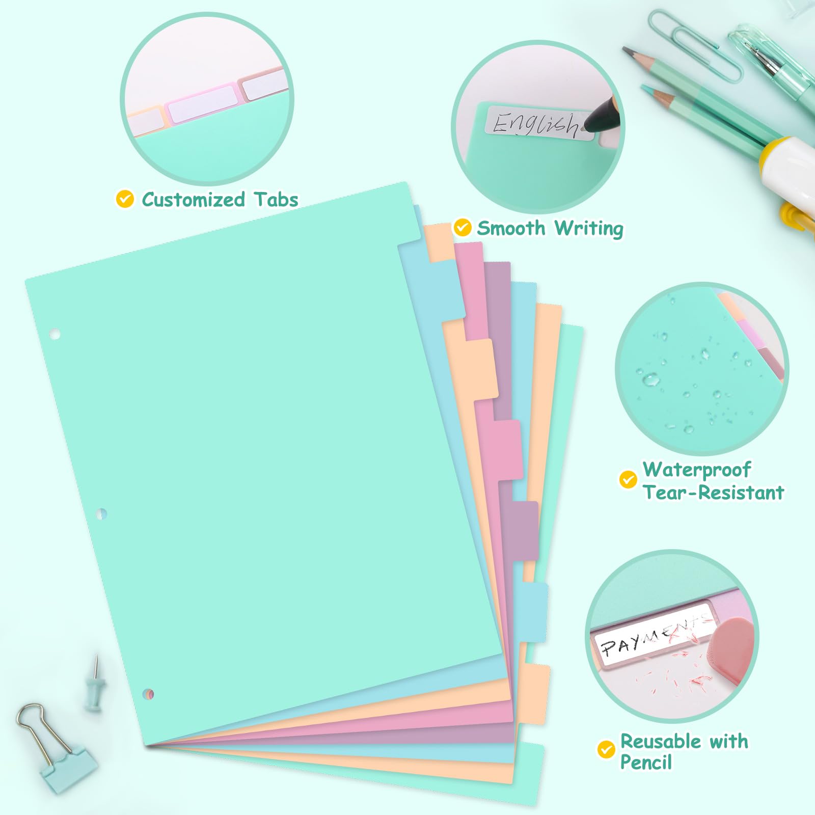 Divisores de carpeta de plástico con pestañas, 8 divisores de pestañas, separadores de páginas coloridos para carpeta de 3 anillos (8)