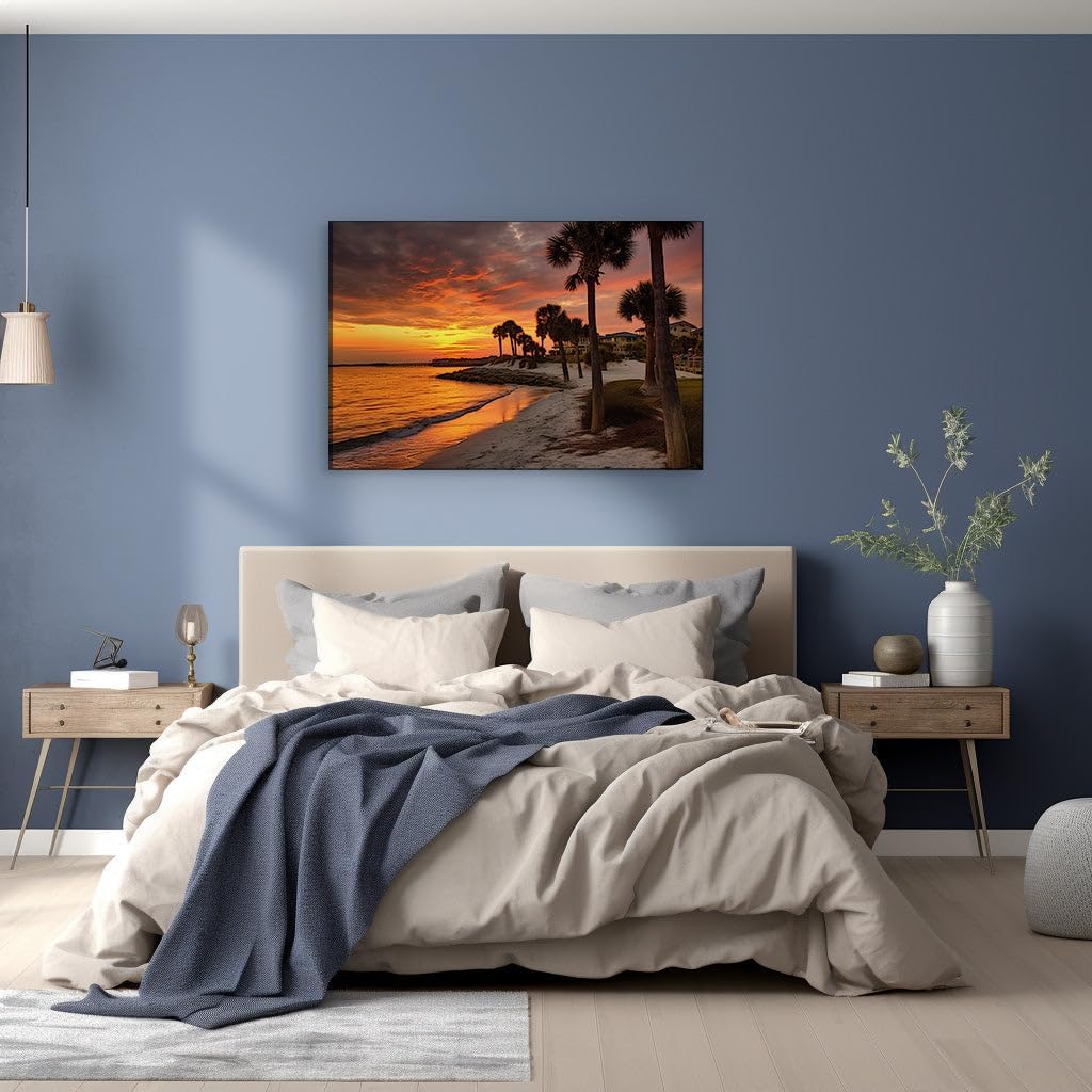Canvas for Living room. Sunset Serenade: Palm Trees and Pristine Sands Meet a Fiery Sky, 27 x 18 inch Canvas Wall Art - Beach Sunsets And Sunrises - Modern Home Decor