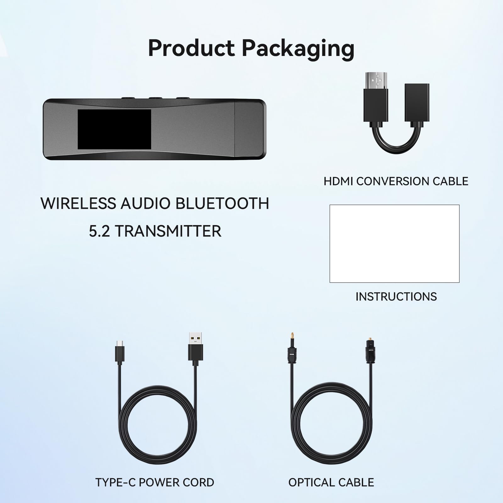 Bluetooth 5.2 Transmitter für 2 AirPods oder BT-Geräte, kabelloser Audio-Adapter mit HDMI-ARC-Eingang & 3,5-mm-Stereo-Eingang, optischer Audioausgang & Bluetooth-Ausgang, LCD-Bildschirm, Plug and Play