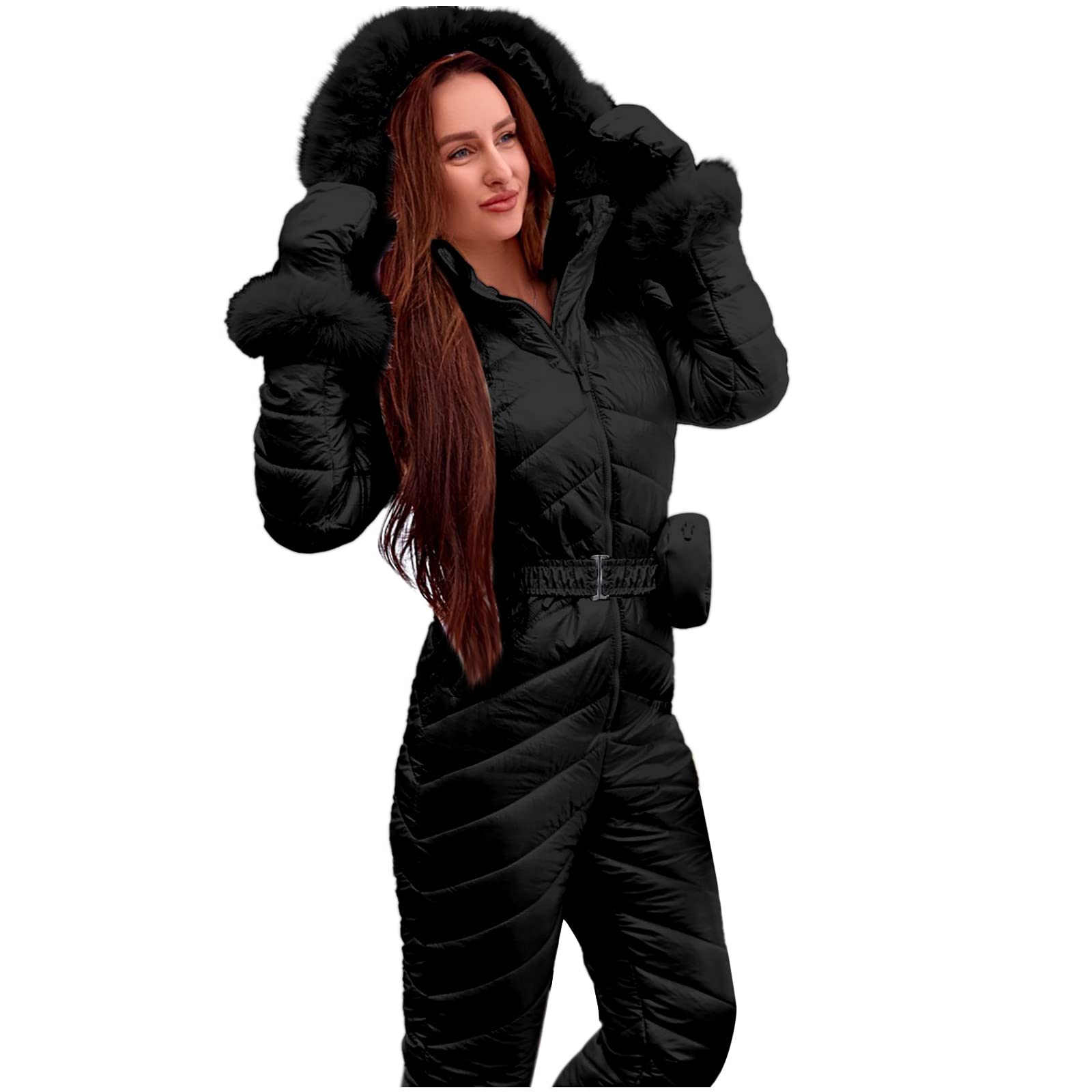 Traje de nieve para mujer de una pieza de invierno cálido – juegos de esquí de nieve al aire libre mono largo con capucha cremallera cierre trajes de esquí impermeable traje de nieve chaqueta y