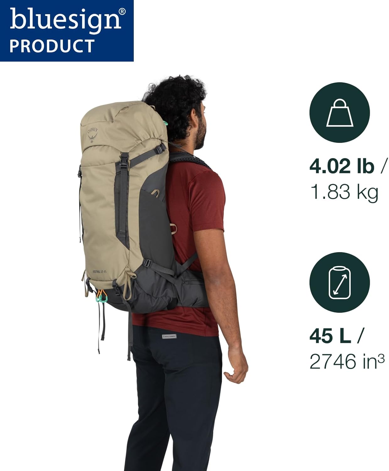 Osprey Kestrel LT 45L Men's Backpacking Backpack - Lightweight Hiking & Camping Bag with Waterproof Raincover, Moss Green