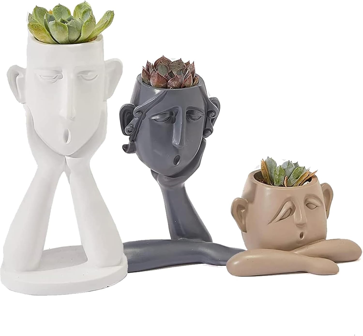 GUTE Human Face Shaped Succulent & Flower Planter Pots - Set of 3- Figurines for Garden - Indoor Outdoor Decorative Garden Figurines, Drainage Holes for Plants Artistic - White, Khaki, Grey
