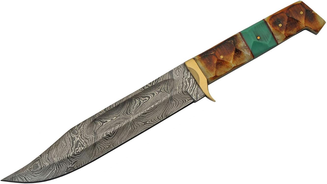 SANZ Damascus Bowie Knife 13 Inch - Camping Knife with Burnt Bone & Turquoise Handle, Full Tang Blade & Sheath - Pocket Knife for Hunting & Outdoor uses - Knives for Men