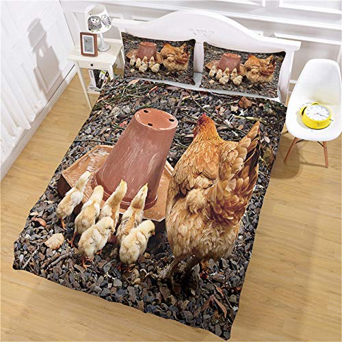 XOYKX 3 Pièces Housse De Couette 140X200Cm Microfibre Poule Animale Et Poussin Parure De Lit Bébé Enfant, Housse De Couette avec Fermeture Éclair, Parure De Lit 1 Personnes + 2 Taie d'oreiller Cover