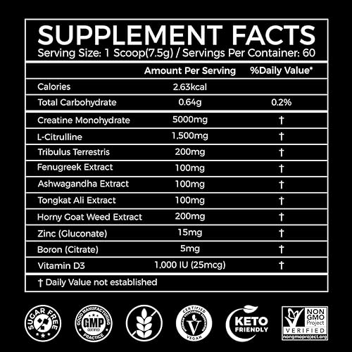 Miniatura 2 de Polvo de creatina para hombres, monohidrato de creatina de 5000 mg con 1500 mg de L-citrulina y mezcla de vitalidad de 500 mg para hombres, fuerza,