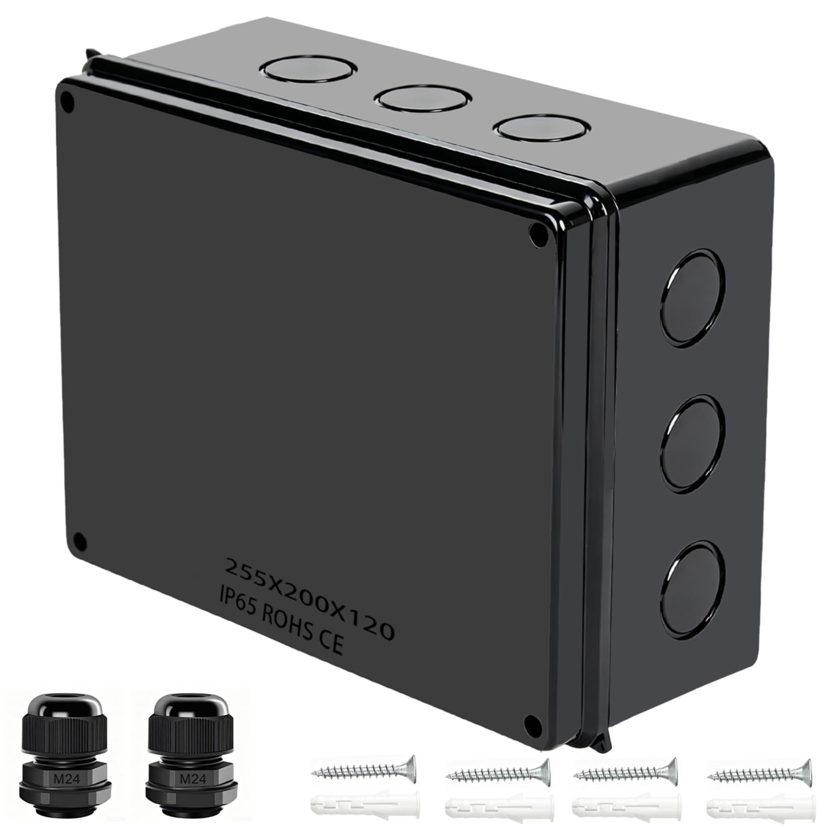 Abzweigdose, IP65 wasserdicht, staubdicht, ABS-Projektkoffer mit 2 M24-Kabelverschraubungen, Außengehäuse für Elektronik, schwarz, 25,4 x 20,1 x 11,9 cm
