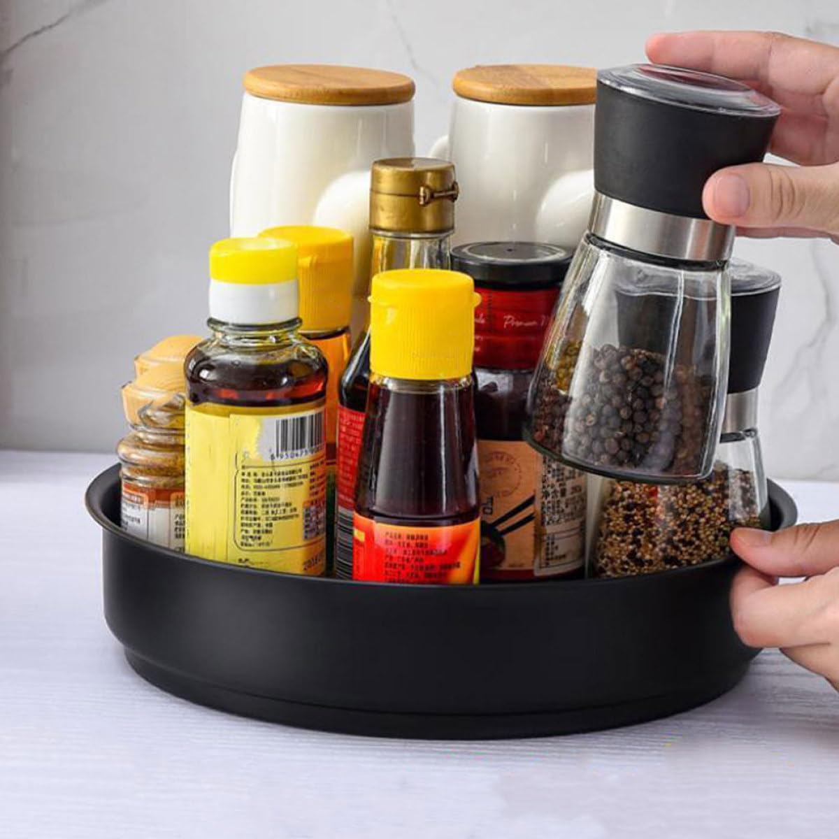 BESPORTBLE 2 Vassoi Porta Spezie Rotanti in Acciaio Inox Nero, Organizer Girevole da Tavolo per Condimenti e Accessori Cucina, Vassoio Portaoggetti Multifunzionale Salvaspazio per Uso