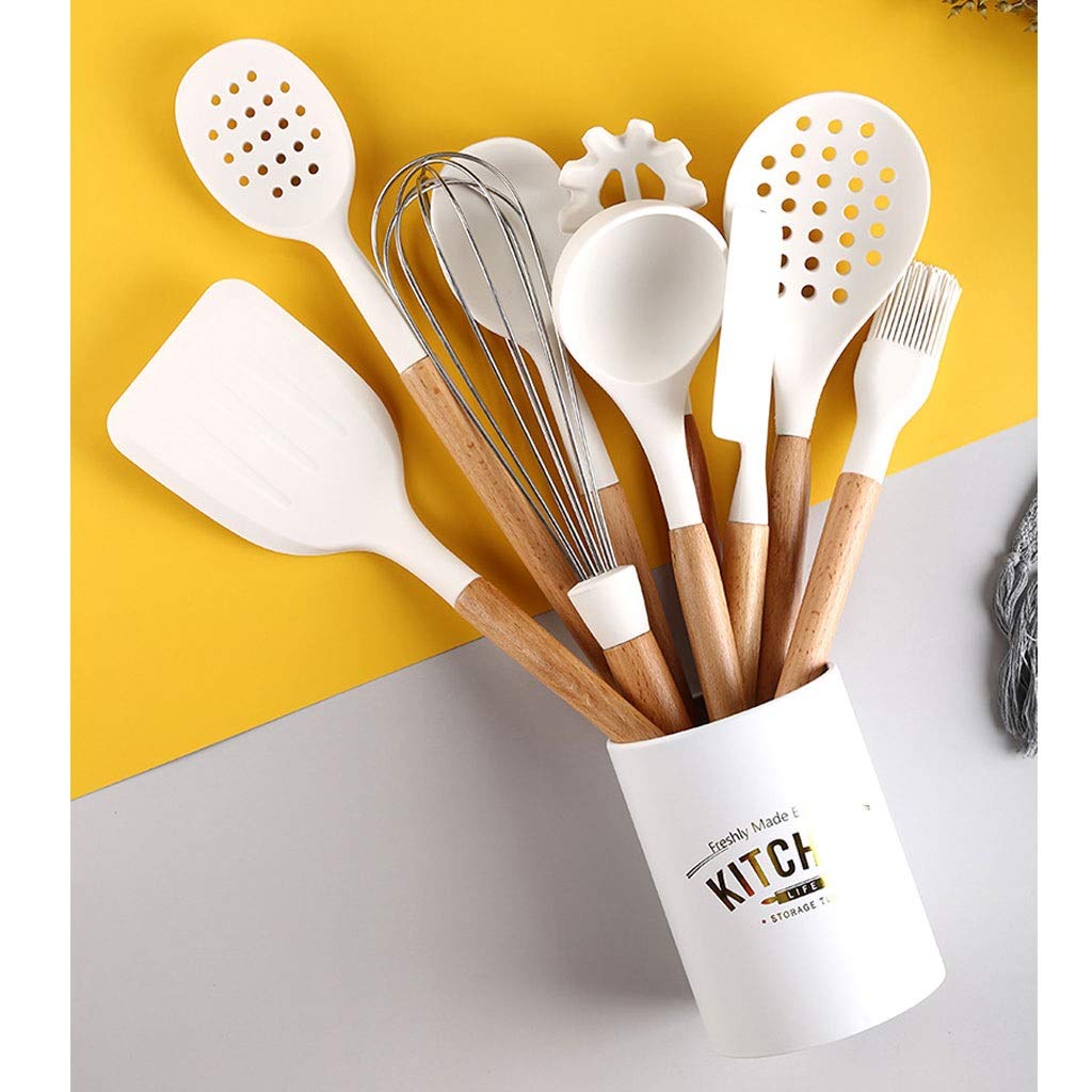 Spachtel für die Küche Pfannenwender Silikon Kochen Küchenutensilien Set 11pcs, Küchenhelfer Set Hitzebeständige Holzgriffe Werkzeug Kochen School of Wok Wok Spatel