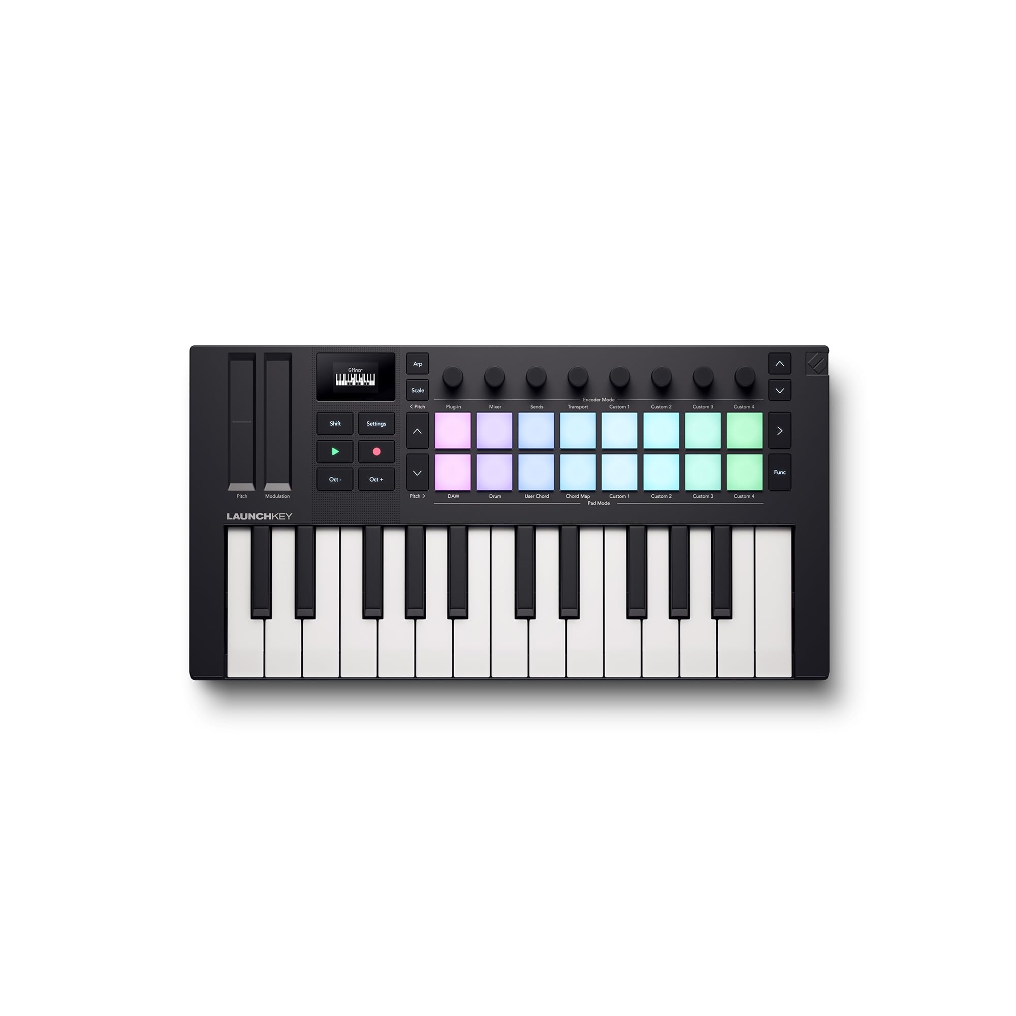 Novation Launchkey Mini 25 [MK4] — clavier maître MIDI USB portable de 25 mini-touches avec intégration aux STAN. Mode Chord, mode Scale et arpégiateur. Bundle de logiciels musicaux fourni.