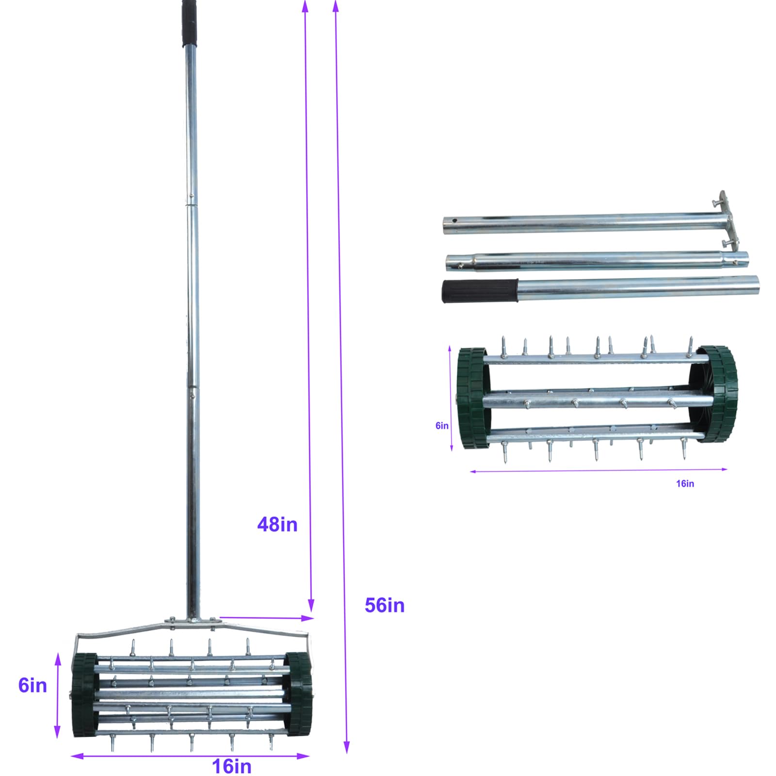 16-Inch Heavy Duty Rolling Lawn Aerator With Sharp Spikes & Anti-Slip Handle - Push Aerator for Garden, Yard - Manual Tool