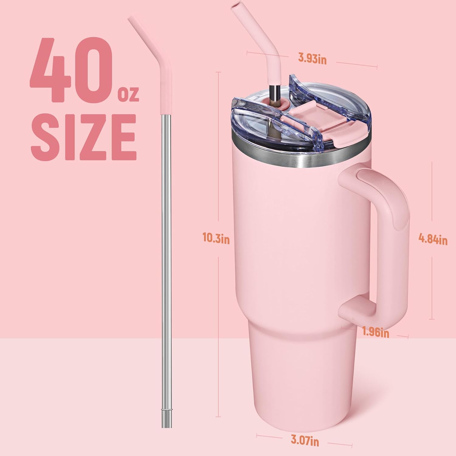 COKTIK 40 oz Tumbler With Handle and Straw, Insulated Tumbler With Leakproof Lids, Stainless Steel|BPA-Free, Cold for 24 H (Blush) - Image 2