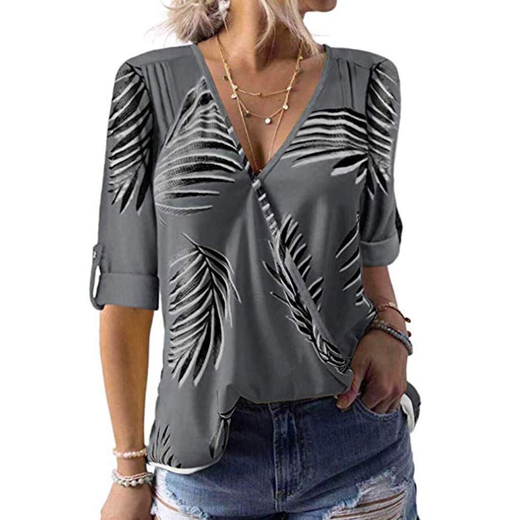 Loose Leaf Print Tops, QIQIU Womens Elegant V-Neck Casual Tanks Short Sleeve Office Ladies Camisole Blouse S-XXL