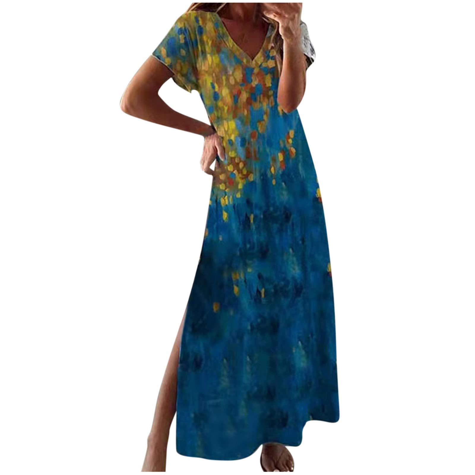 Women's Boho Floral Maxi Dress Side Spilt Crop Flowy Party Beach Fall Long Dress Summer Shirt Dress Beach Long Dresses