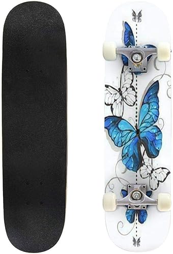 Composición de mariposas azules Morpho y mariposas blancas en patineta blanca para exteriores de 31 x 8 pulgadas, patineta Pro completa Cruiser de 8