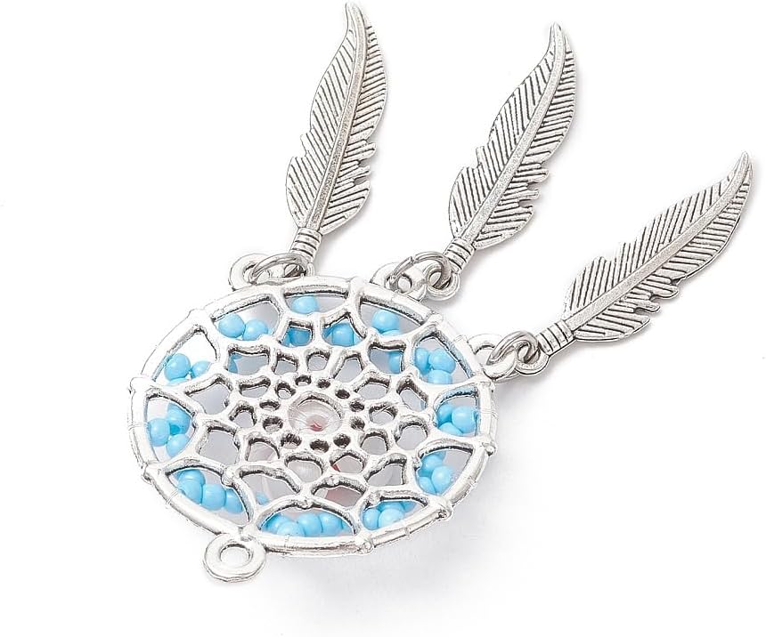 ハンドメイドガラスシードビーズドリームキャッチャーペンダント フェザー付き アンティークシルバー織ウェブチャーム イミテーションパー