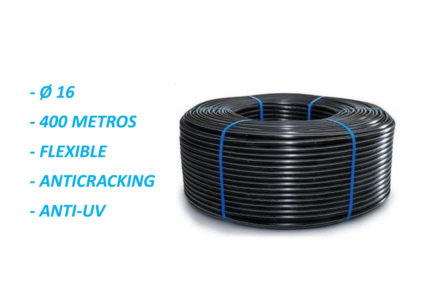 TubosPro - Tubo de polietileno liso diam. 16 a 400 metros negro para instalación de riego por goteo. Resistente y manejable. ANTI-UV. Adaptable a todos los accesorios del mercado.