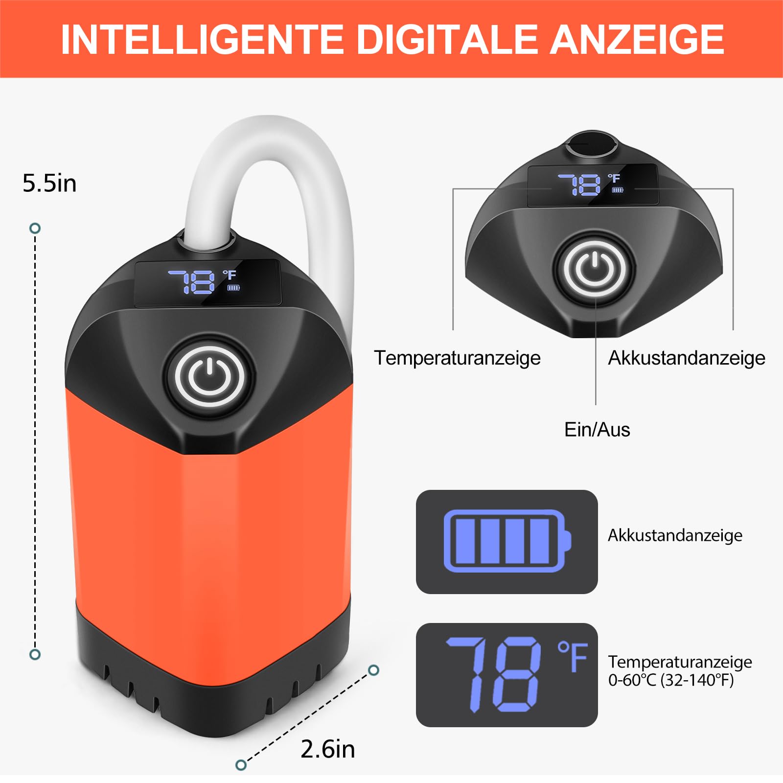 B013 Portable Camping Dusche mit 7800mAh Akku, USB-C, 3-Stufen Duschkopf & leiser Pumpe – Wasserdicht mit LED Temperaturanzeige für Vanlife, Outdoor Reise, Strand & Haustier