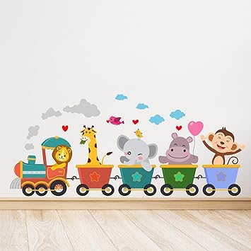 PrettyKrafts Jungle Animal Train Kids Wall Stickers for Kids Room, PVC Vinyl Wall Stcikers for Baby Learning Education Nursery, Pre School and Kindergarten (91 x 40cm) - image, photos