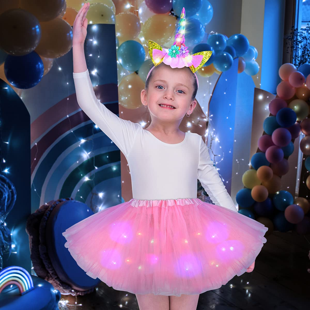 Acwoo Kostium jednorożca, świecąca dioda LED, sukienka księżniczki, fantazyjna sukienka z opaską i różdżką z włókien, spódniczka tutu, na imprezę cosplay, sukienka księżniczki, różowa (2-10 lat)