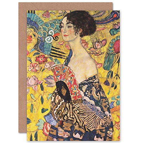 Artery8 Lady With Fan Klimt Painting Fine Art Greeting Card Plus Envelope Blank Inside