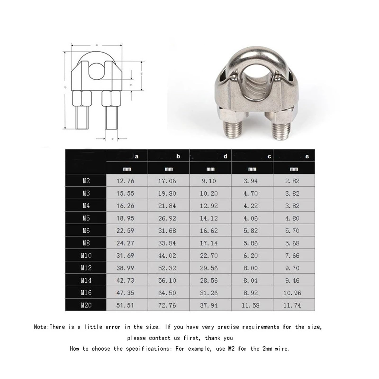 MIUYTRN 1-5PCS M2/3/4/5/6/8/10/12mm 304 Stal nierdzewna typu U Zacisk do liny stalowej Śruby kablowe Zaciski osprzętu do olinowania cuicui(2pcs M8)