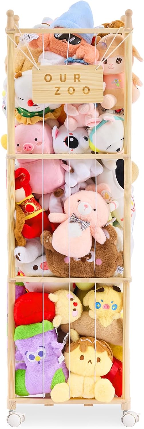 Stuffed Animal Storage & Organizer with Wheels, Wooden Stuffed Animal Zoo Storage with Elastic Band & Net, Space Save Toy Organizers, Plush Toy Holder for Kids Bedroom, Playroom and Nursery (Natural)