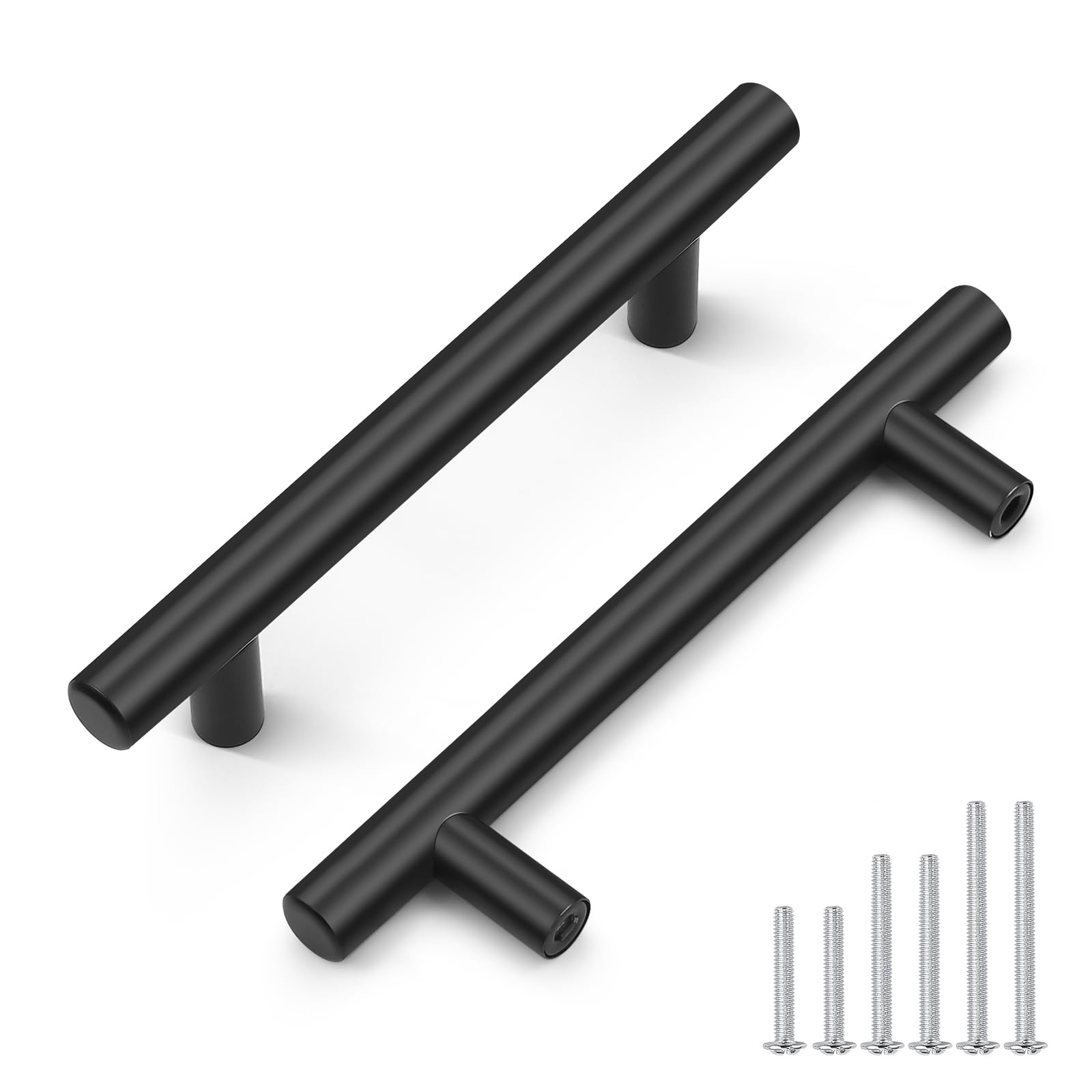 Probrico 25 Pack Hole Centers 3-3/4inch Matte Black Kitchen Cabinet Pulls, Stainless Steel Dresser Drawer Handles, Modern T Bar 6inch Length Pull