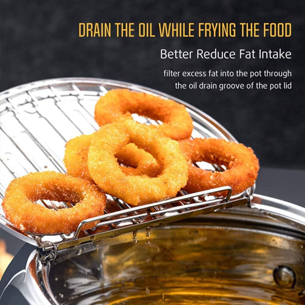 WSHA 8.3in/9.7in Stainless Steel Deep Fryer Pan with Thermometer - Tempura Frying Pot with Oil Drip Drainer Rack - Small Cooking Pot for Kitchen,3.2L