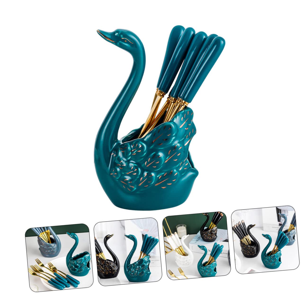 NAMOARLY Stainless Steel Fruit Fork Set Swan Ceramic Design Easy Clean Home Restaurant