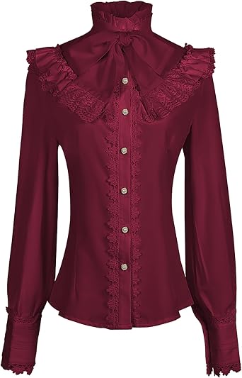 Women Victorian Blouse Gothic Shirts Vintage Lace Long Sleeve Ruffled Blouses with a Bow Button Down Shirt