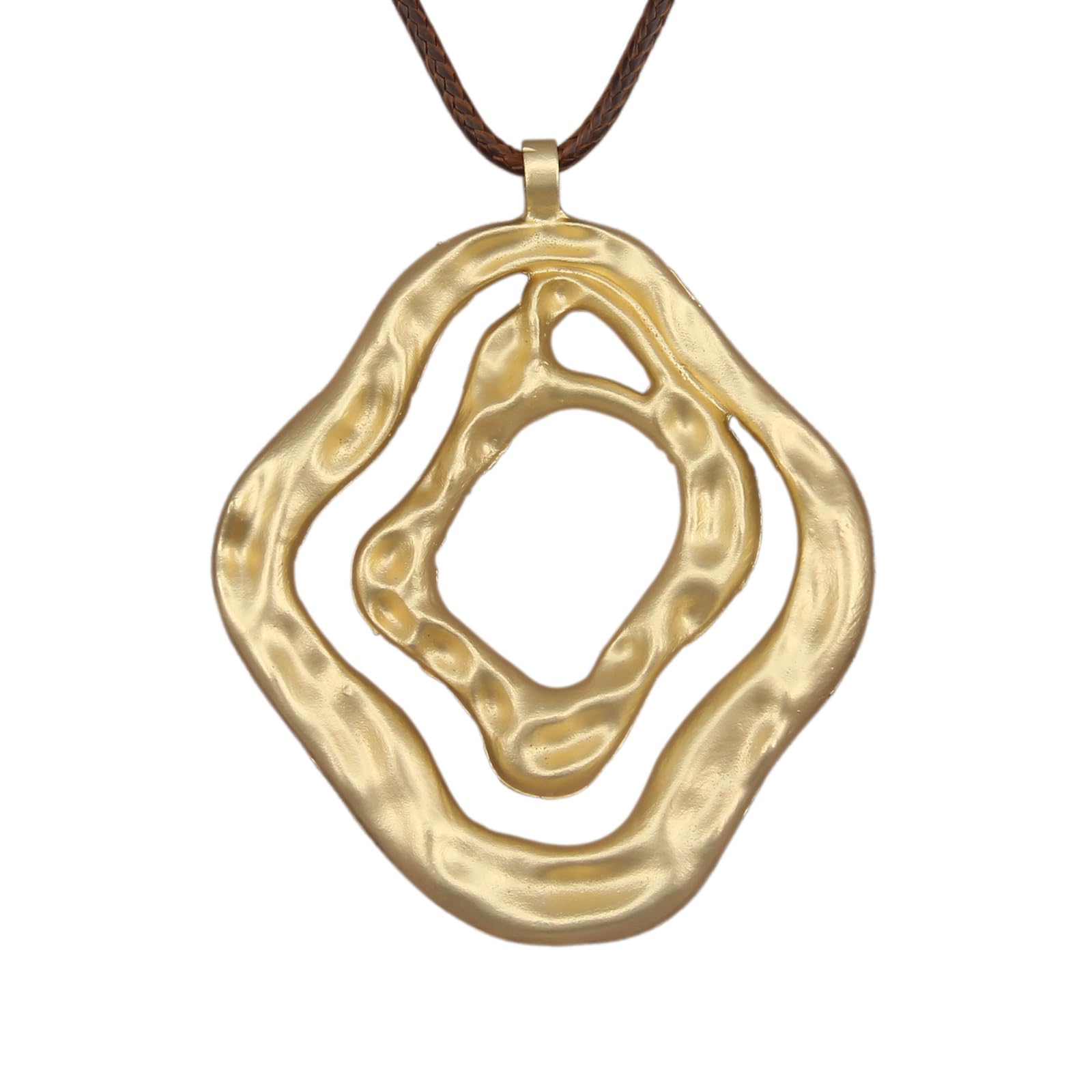 Gold Pendant Necklace Cord Faux Leather Long Adjustable Brown Bohemian Statement Jewelry Gold Tone Geometric Pendant