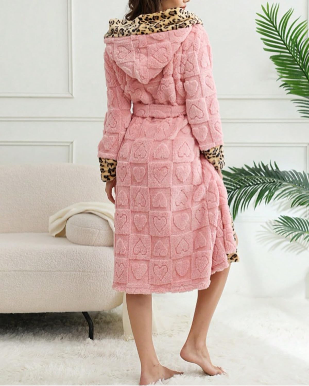 Womens Hooded Plush Bathrobe Leopard Print Long Fluffy Fleece Robe Sleepwear Flannel House Robe