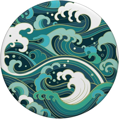 Miniatura 3 de Ocean Wave Surf Playa Arte Japonés Azul Verde  PopSockets Grip y soporte para teléfonos y tabletas, Negro