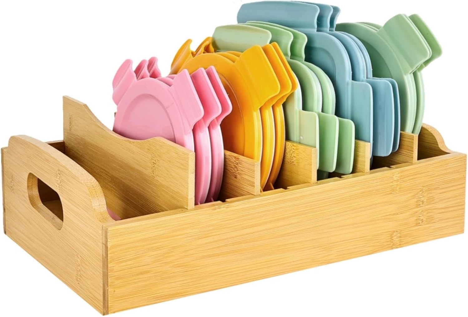 Artcochan Bamboo Lid Organizer, 13.2" x 10"Food Storage Container Lid Holder with 5 Adjustable Dividers, Kitchen Storge and Organization Rack for Cabinet Drawer and Countertop