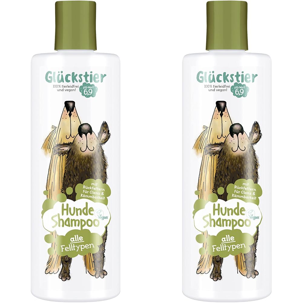 Glückstier Hundeshampoo, 250 ml, rückfettendes Shampoo für alle Hunderassen, für glänzendes Fell & bessere Kämmbarkeit, angepasster pH-Wert, 100% vegan & tierleidfrei (Packung mit 2)