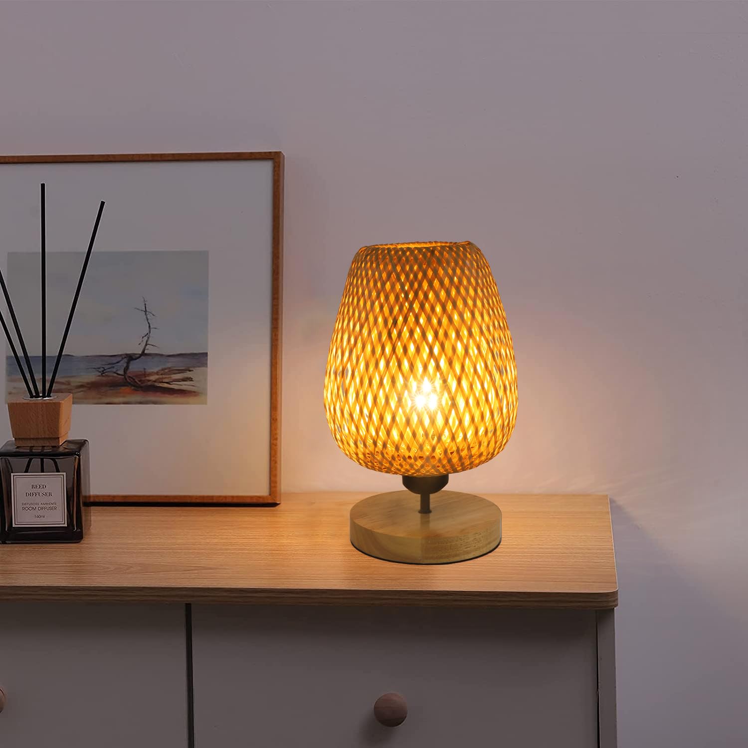 Comely Bambou Tissé Lampe de Table, Lampe de Chevet Abat-Jour en Bambou | Base en Bois Naturel pour Chambres à Coucher, Bureau, Salle à Manger