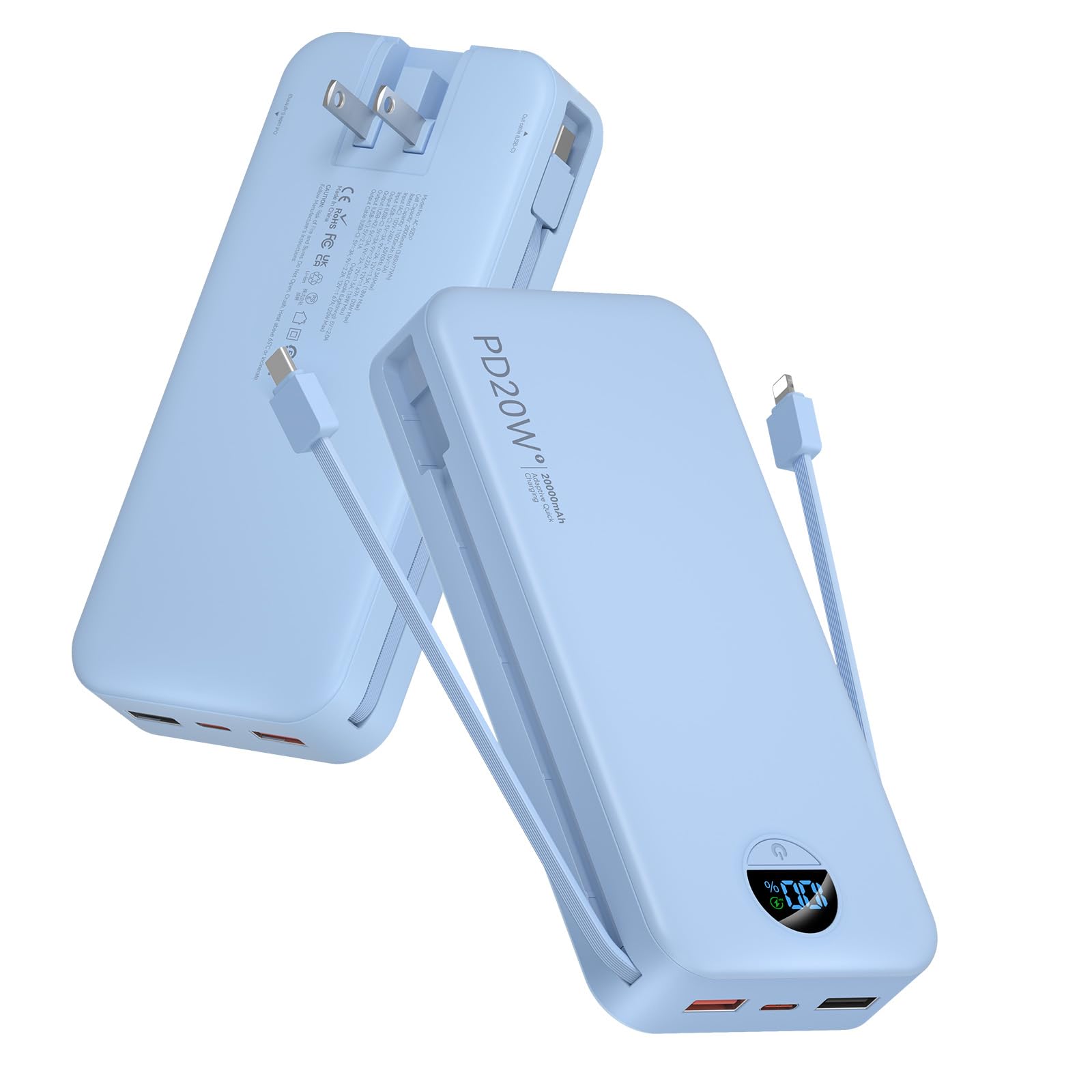 citicr Portable Charger Power Bank 20000mAh PD20W USB C Fast Charging with Built-in Cables Wall Plug External Battery