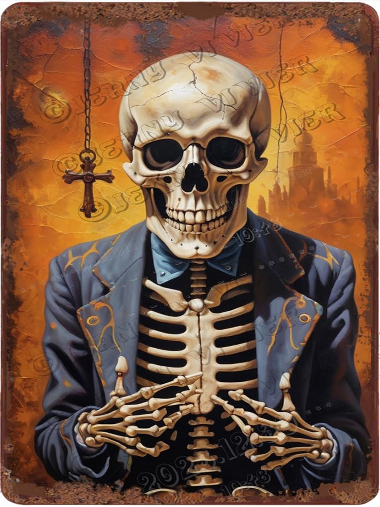 Skull Tin Sign, Vintage Aluminum Sign, Funny Bathroom Decor Skeleton Metal Tin Sign, Skeleton Poster, Classic Halloween Signage 12"x8"